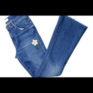 Mother The Weekender Frayed Flower Patch Flare Jeans Gold Rush Size 26.
